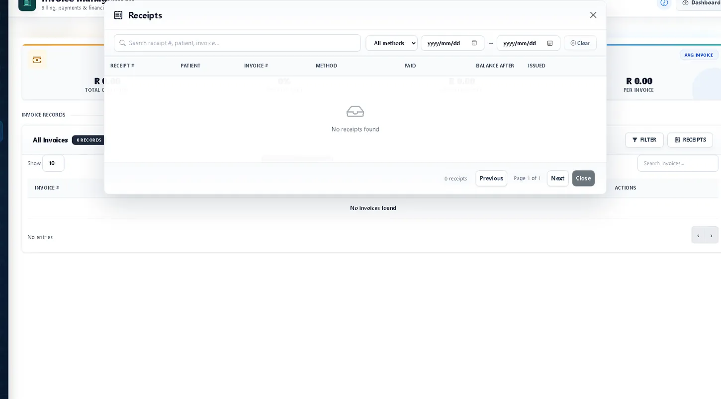 IgniteCare invoice management and receipts screen